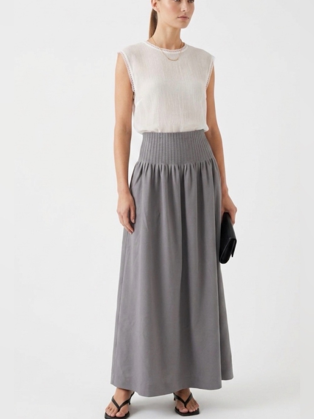 Nathalie Schuterman High-Waist Smocked Maxi Skirt in Gray and Silk Top